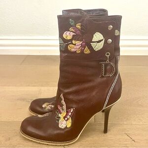 Dior Brown Leather Heeled Boots with Floral Embroidery